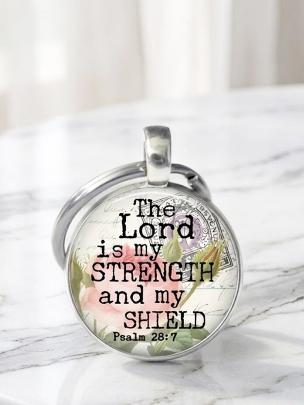 Silver Round Ladies Lord is my Strength Faith Keychain
